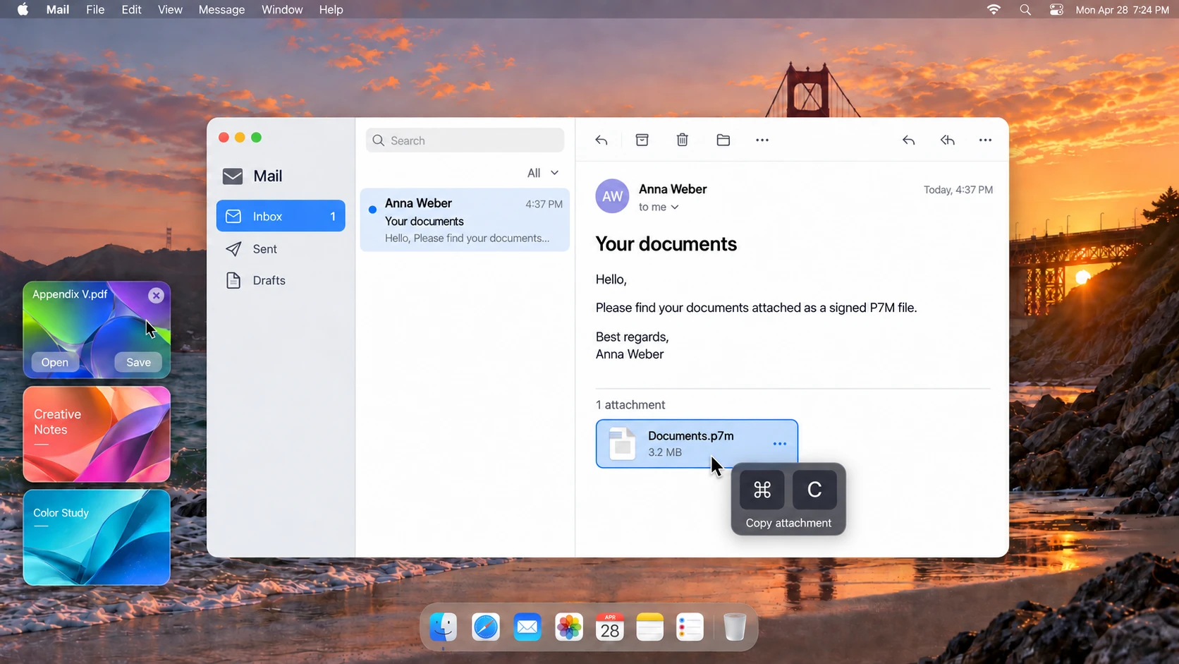 ClipSeal concept: copying a signed email attachment reveals its PDF next to the Mail window, ready to open or save.